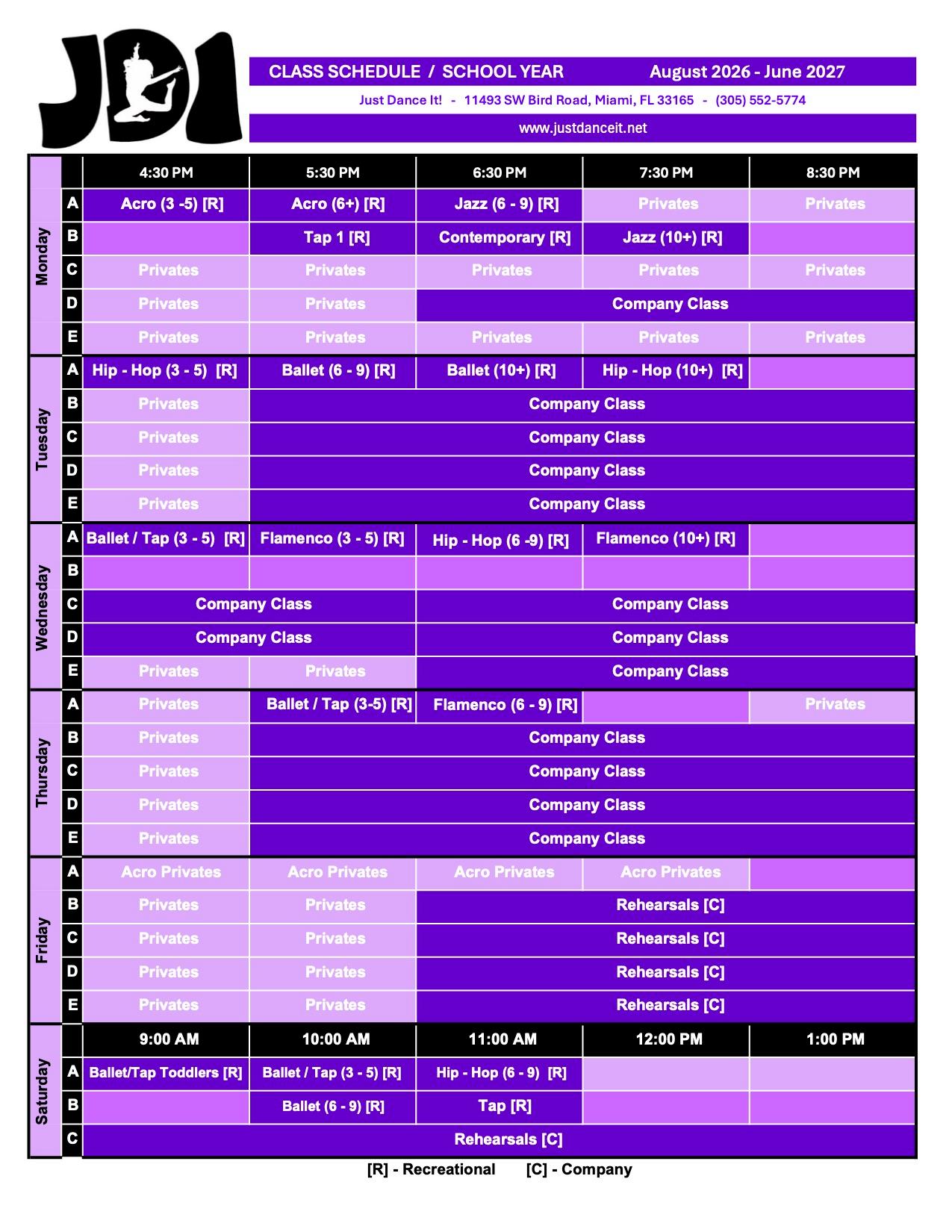 2026–2027 Class Schedule